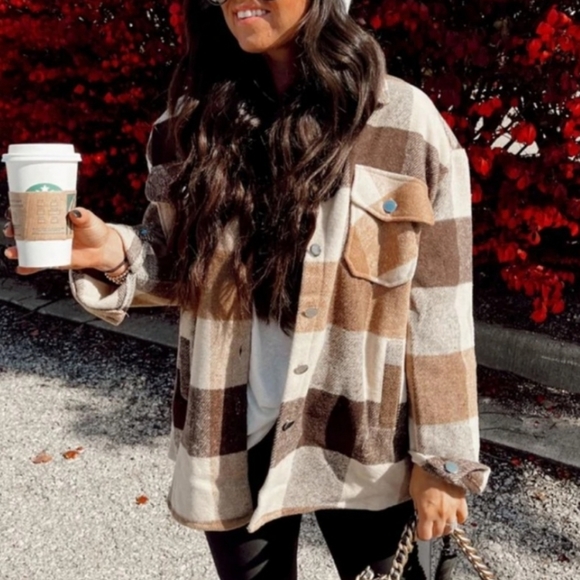 NEW Cozy Rustic Flannel Plaid Shacket Top Jacket Coffee Brown Tan - Picture 2 of 5